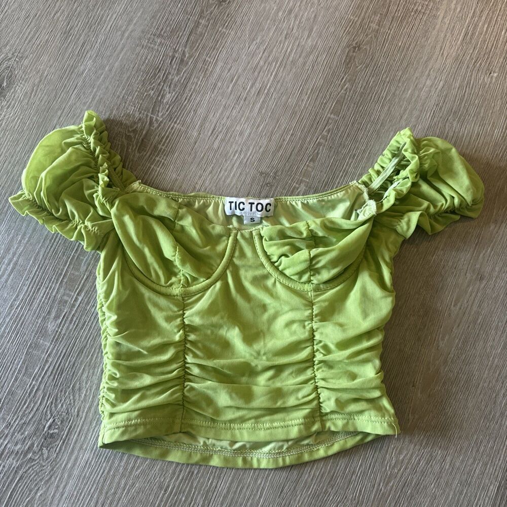 TIC TOC Morning Grind Green Ruched Crop Top Junior’s Size Small